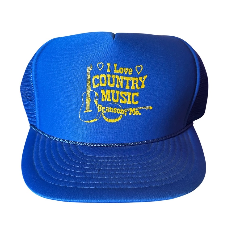 Vintage Nissin Cap I Love Country Music Branson Mo Blue Trucker Hat Snapback